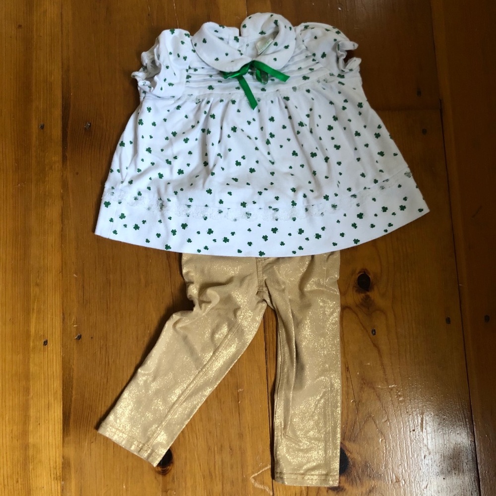 Shamrock top and gold shimmering pants